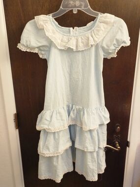 VTG 70s Kole Kole Hawaii Girls Tiered Eyelet Ruffle Dress Blue Sz 12